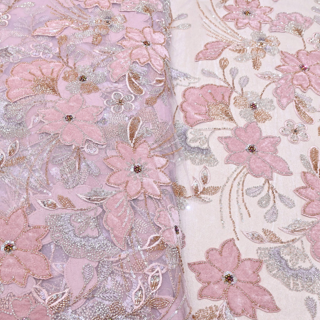 Premium Pink Floral Appliqué Imported Net Fabric with Heavy Sequin, Bead & Cut Dana Embroidery 60" | 105295-02