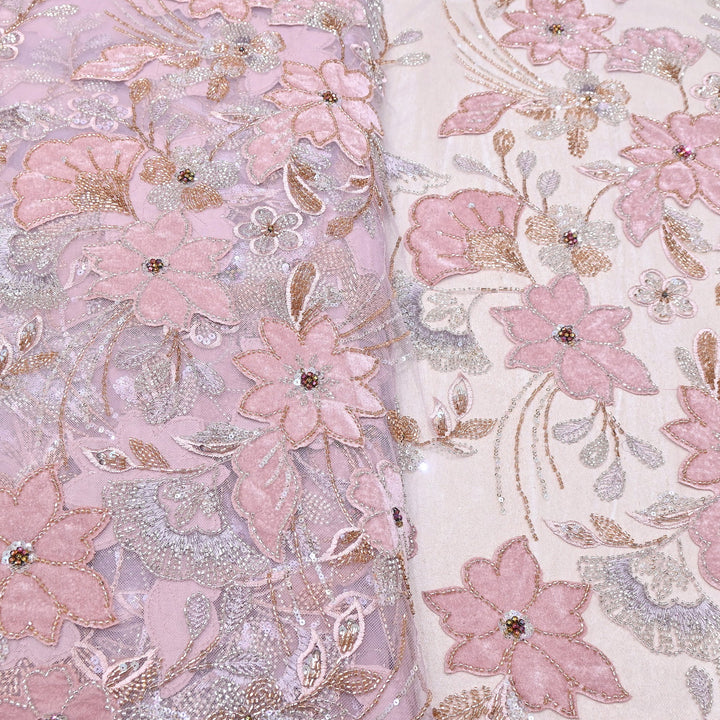Premium Pink Floral Appliqué Imported Net Fabric with Heavy Sequin, Bead & Cut Dana Embroidery 60" | 105295-02