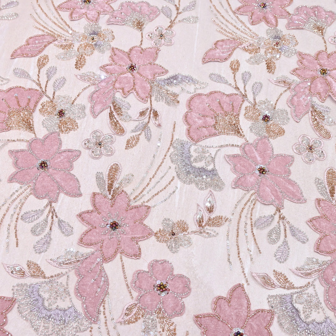 Premium Pink Floral Appliqué Imported Net Fabric with Heavy Sequin, Bead & Cut Dana Embroidery 60" | 105295-02