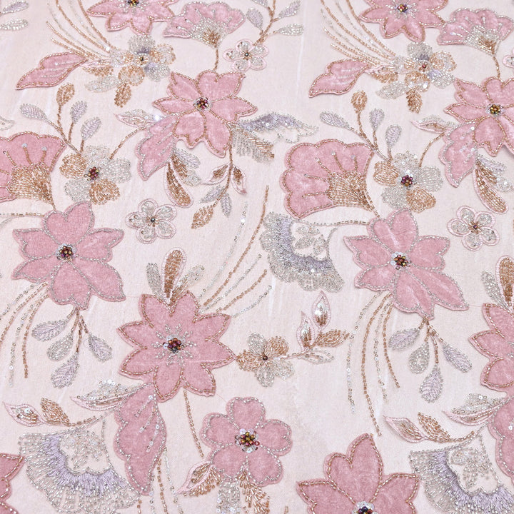 Premium Pink Floral Appliqué Imported Net Fabric with Heavy Sequin, Bead & Cut Dana Embroidery 60" | 105295-02