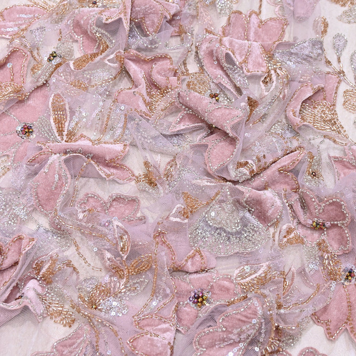 Premium Pink Floral Appliqué Imported Net Fabric with Heavy Sequin, Bead & Cut Dana Embroidery 60" | 105295-02