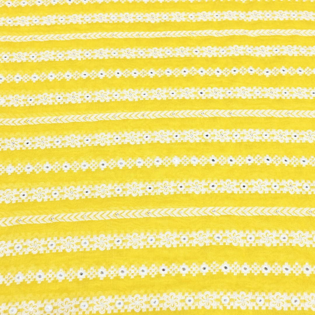 Banana Yellow Dyed Mul Chanderi Mirror & Sequins Embroidery Fabric – Lightweight Designer Fabric-V01509C-4