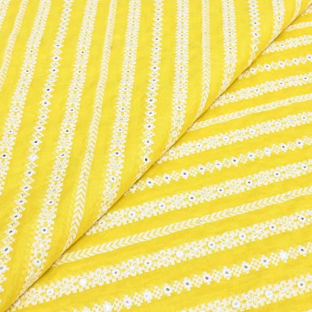 Banana Yellow Dyed Mul Chanderi Mirror & Sequins Embroidery Fabric – Lightweight Designer Fabric-V01509C-4