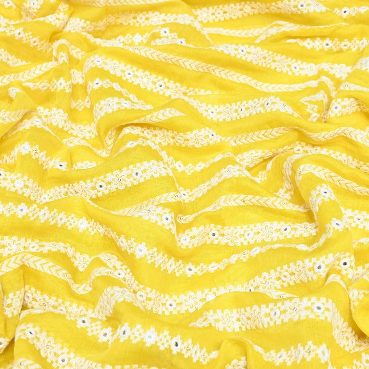 Banana Yellow Dyed Mul Chanderi Mirror & Sequins Embroidery Fabric – Lightweight Designer Fabric-V01509C-4