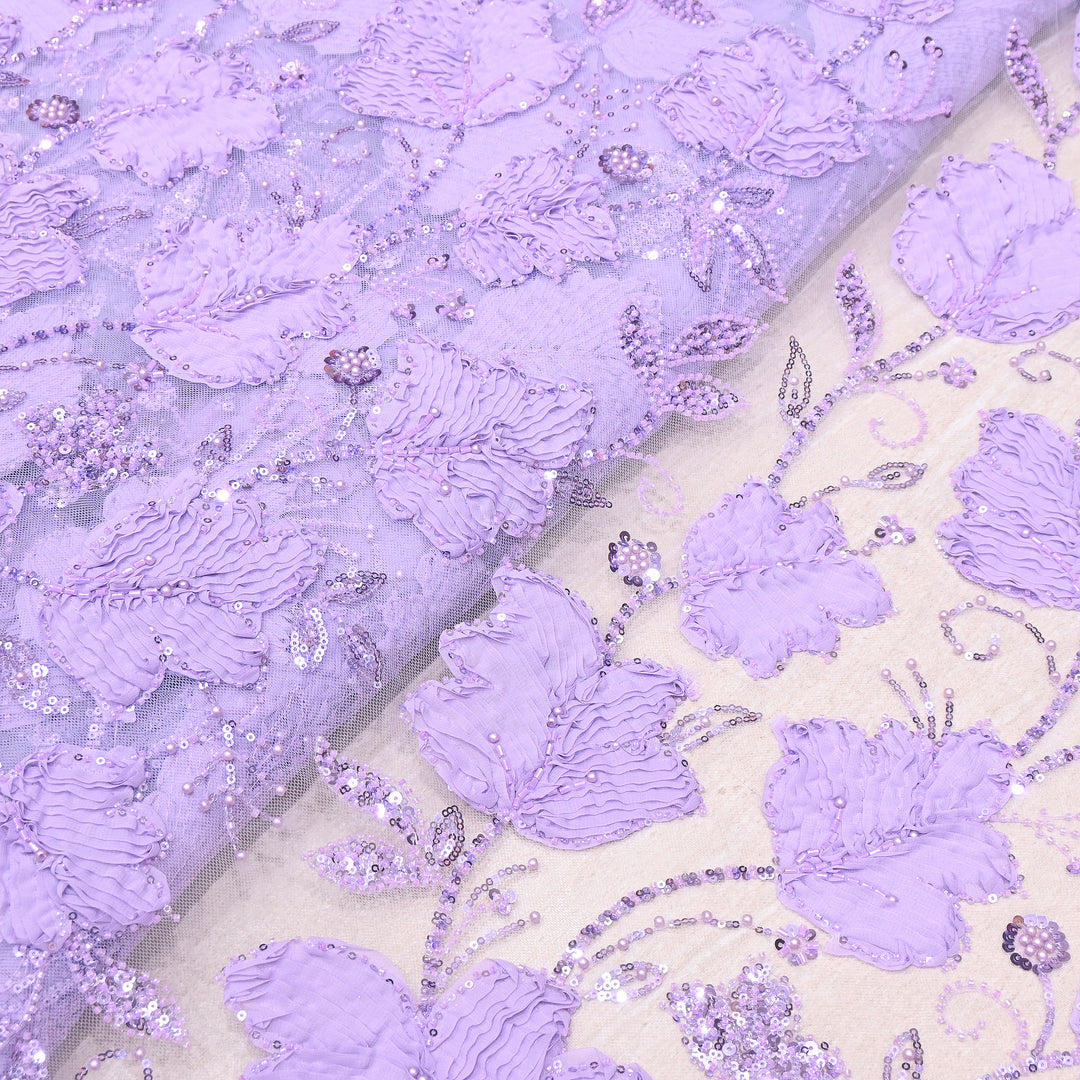 Premium Imported Net 3D Floral Sequins, Pearl & Bead Embroidery Fabric 60" | AF7043-02