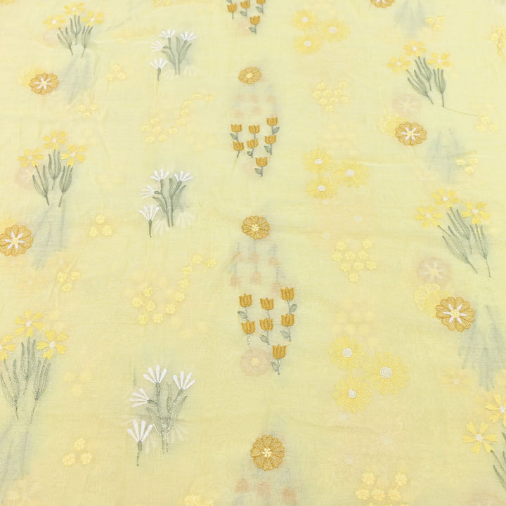Light Yellow Color Mul Chanderi Thread Embroidered Fabric | Soft Designer Fabric- ZA8141-1
