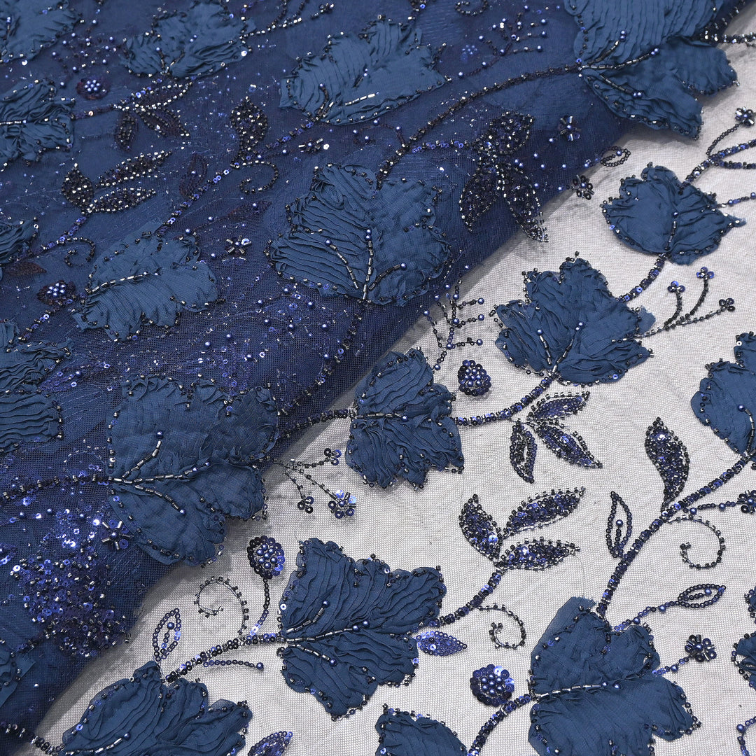Premium Imported Net 3D Floral Sequins, Pearl & Bead Embroidery Fabric 60" | AF7043-03