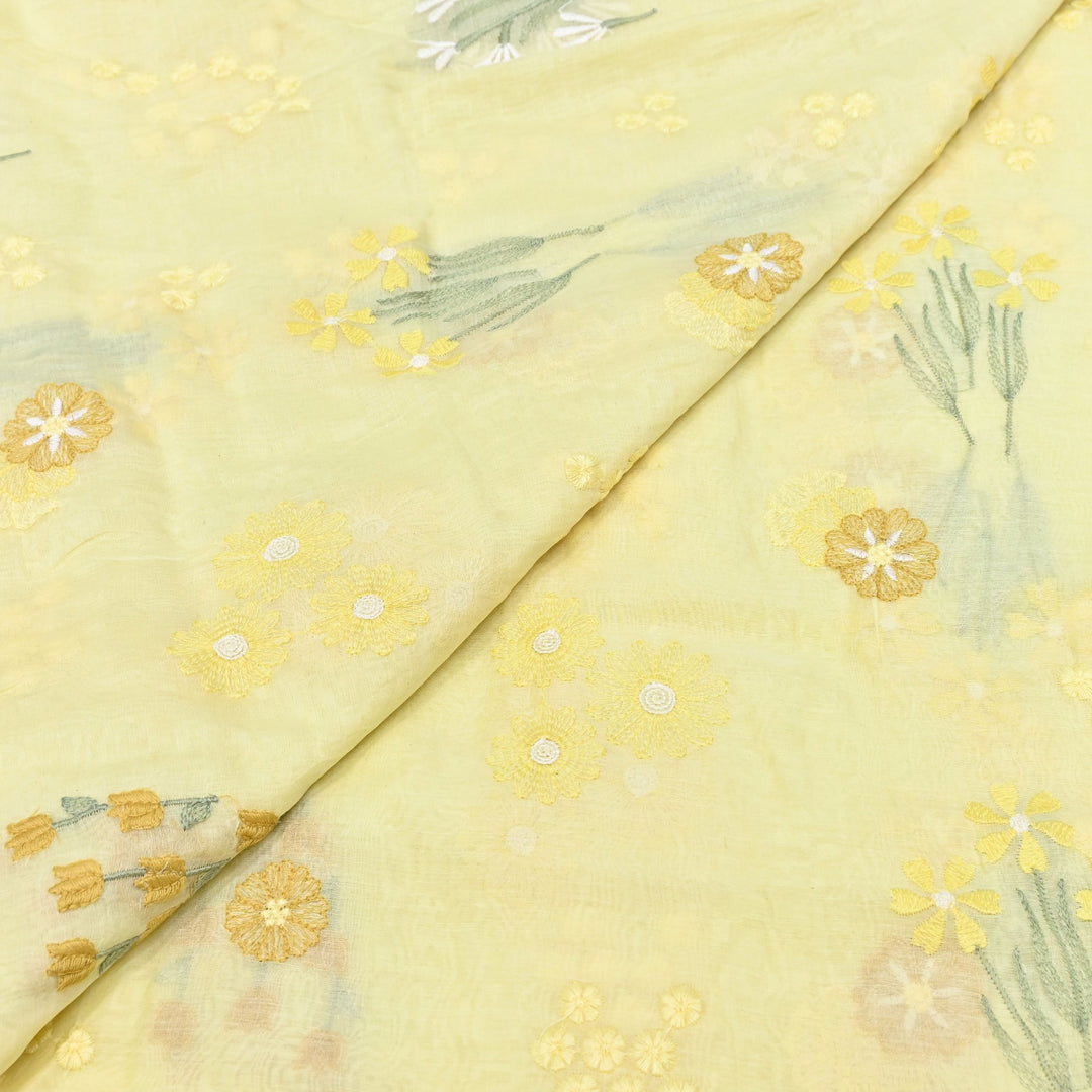 Light Yellow Color Mul Chanderi Thread Embroidered Fabric | Soft Designer Fabric- ZA8141-1