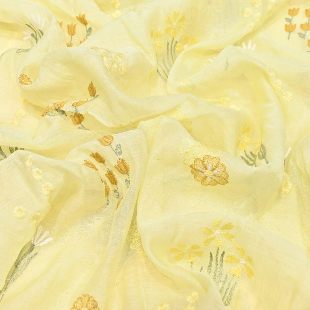 Light Yellow Color Mul Chanderi Thread Embroidered Fabric | Soft Designer Fabric- ZA8141-1
