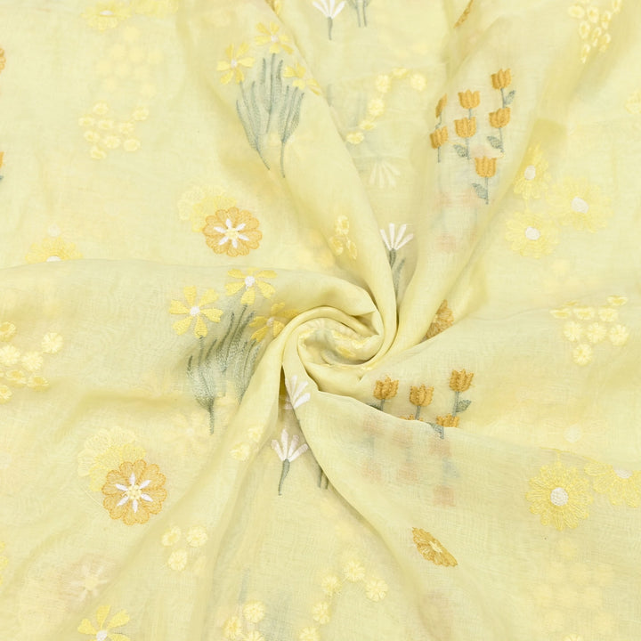 Light Yellow Color Mul Chanderi Thread Embroidered Fabric | Soft Designer Fabric- ZA8141-1