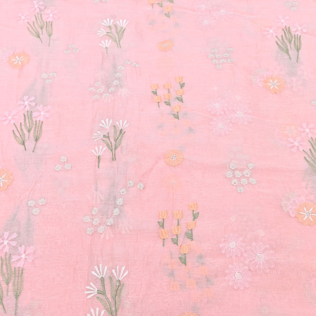 Coral Pink Color Mul Chanderi Thread Embroidered Fabric | Soft Designer Fabric- ZA8141-2