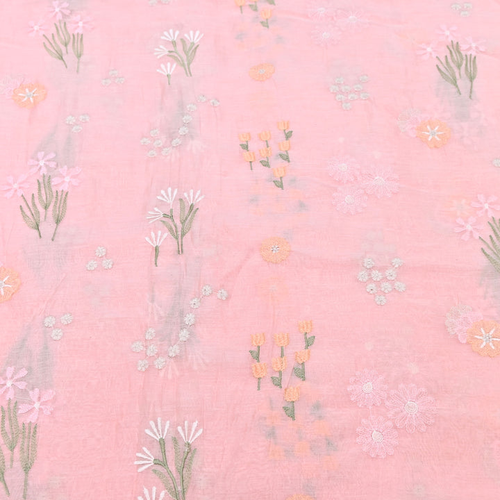Coral Pink Color Mul Chanderi Thread Embroidered Fabric | Soft Designer Fabric- ZA8141-2