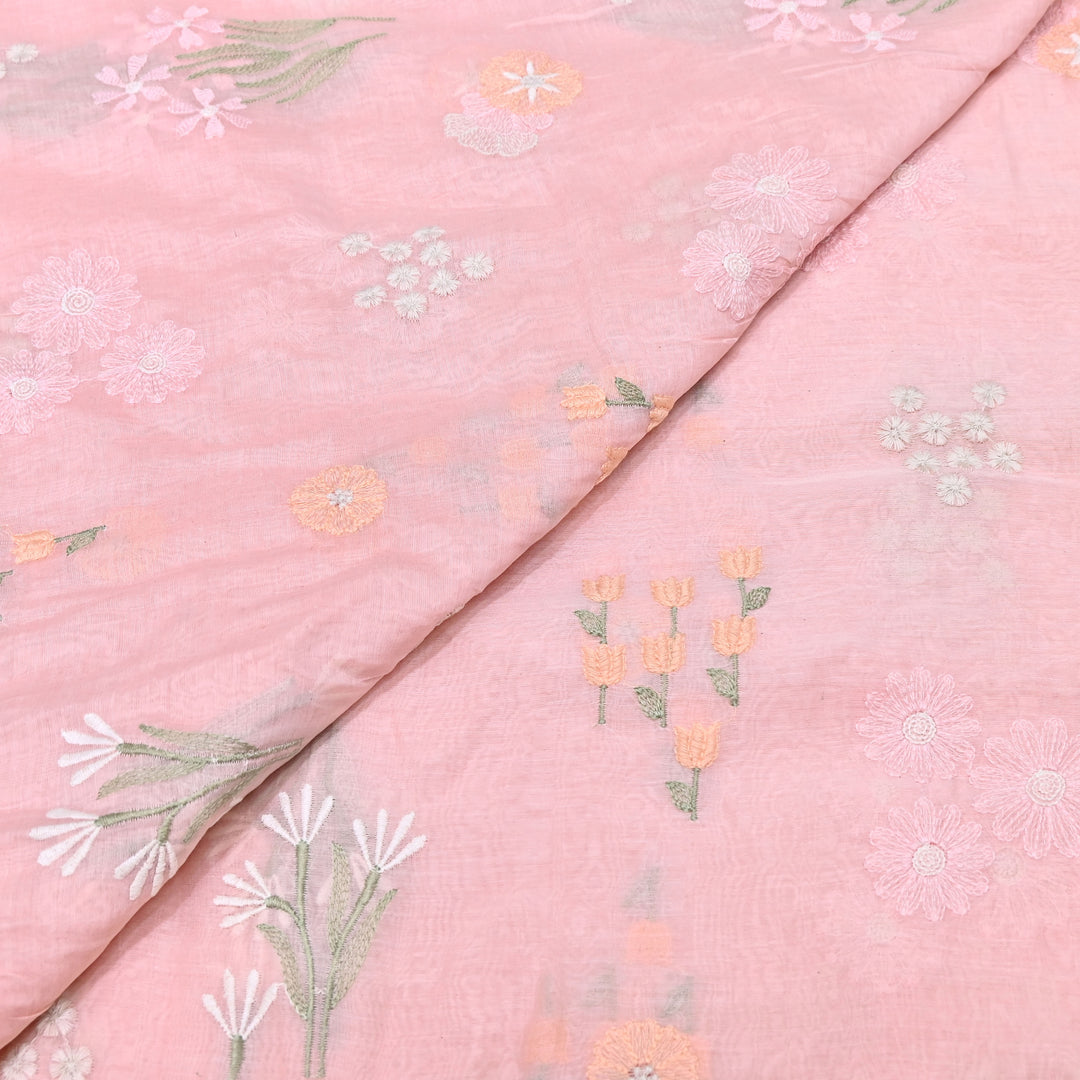 Coral Pink Color Mul Chanderi Thread Embroidered Fabric | Soft Designer Fabric- ZA8141-2