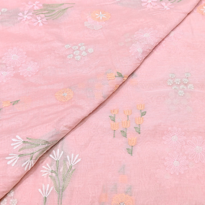 Coral Pink Color Mul Chanderi Thread Embroidered Fabric | Soft Designer Fabric- ZA8141-2