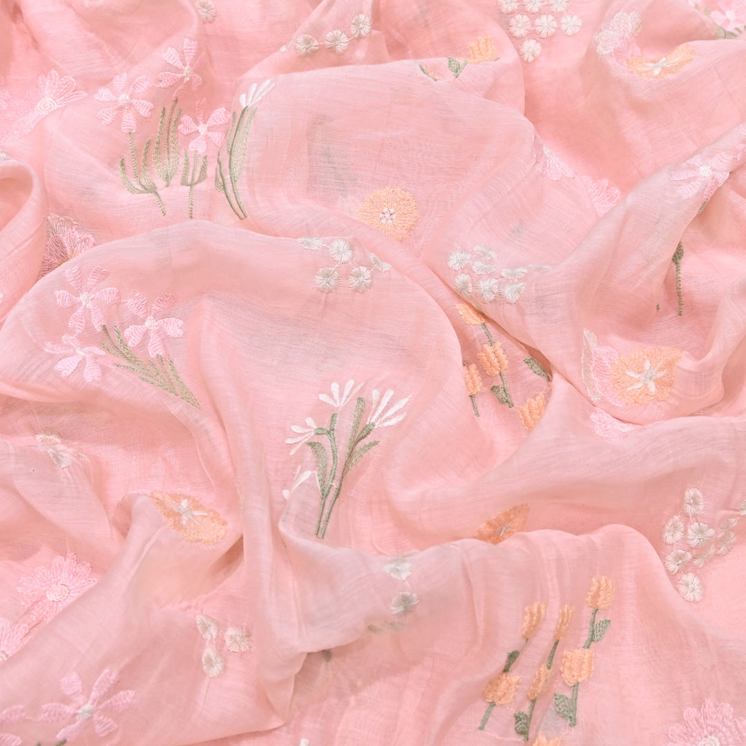 Coral Pink Color Mul Chanderi Thread Embroidered Fabric | Soft Designer Fabric- ZA8141-2