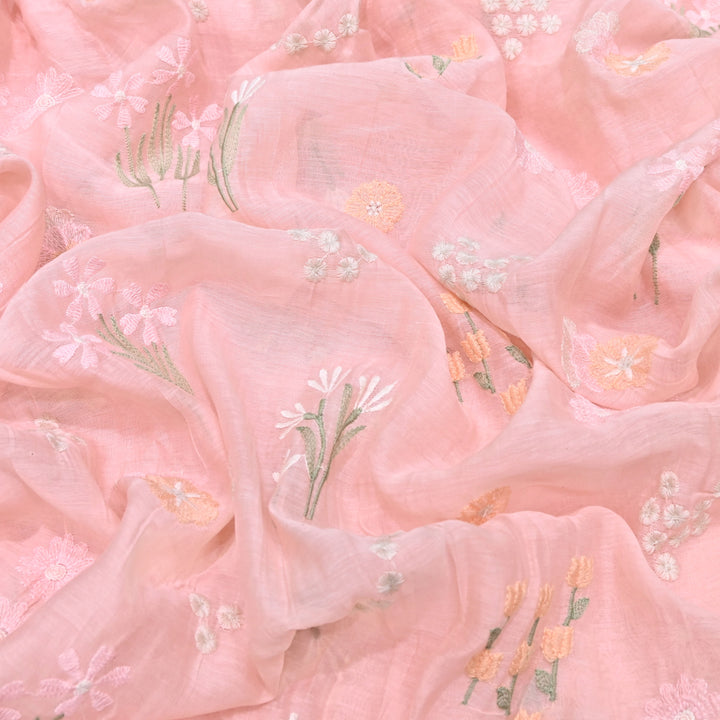 Coral Pink Color Mul Chanderi Thread Embroidered Fabric | Soft Designer Fabric- ZA8141-2