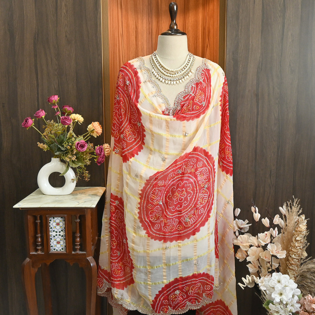 Premium Viscose Chiffon Bandhani Moti Embroidery Dupatta | Designer Bandhani Dupatta-H00003-1