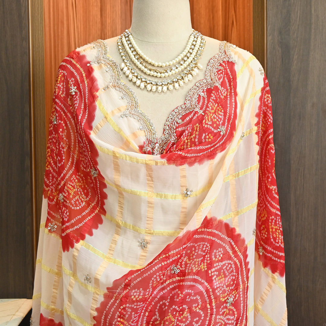 Premium Viscose Chiffon Bandhani Moti Embroidery Dupatta | Designer Bandhani Dupatta-H00003-1