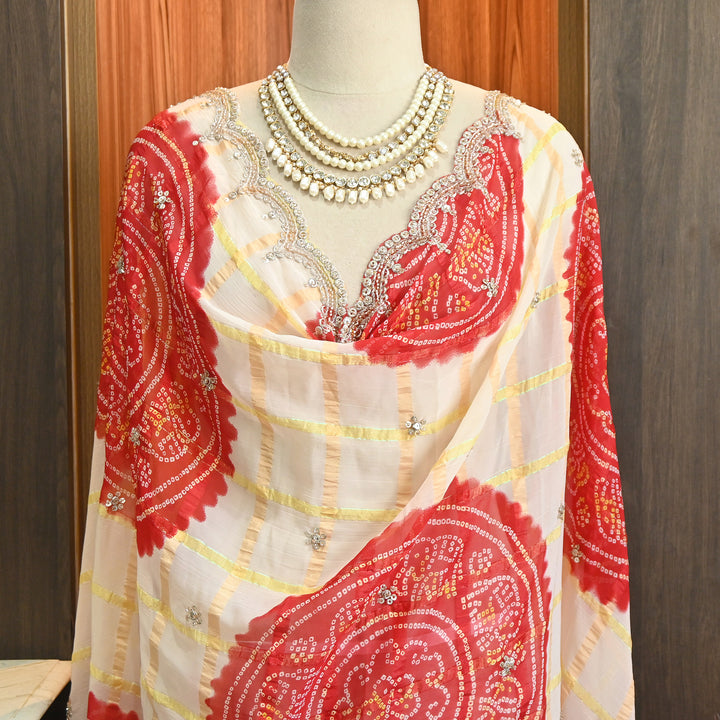 Premium Viscose Chiffon Bandhani Moti Embroidery Dupatta | Designer Bandhani Dupatta-H00003-1
