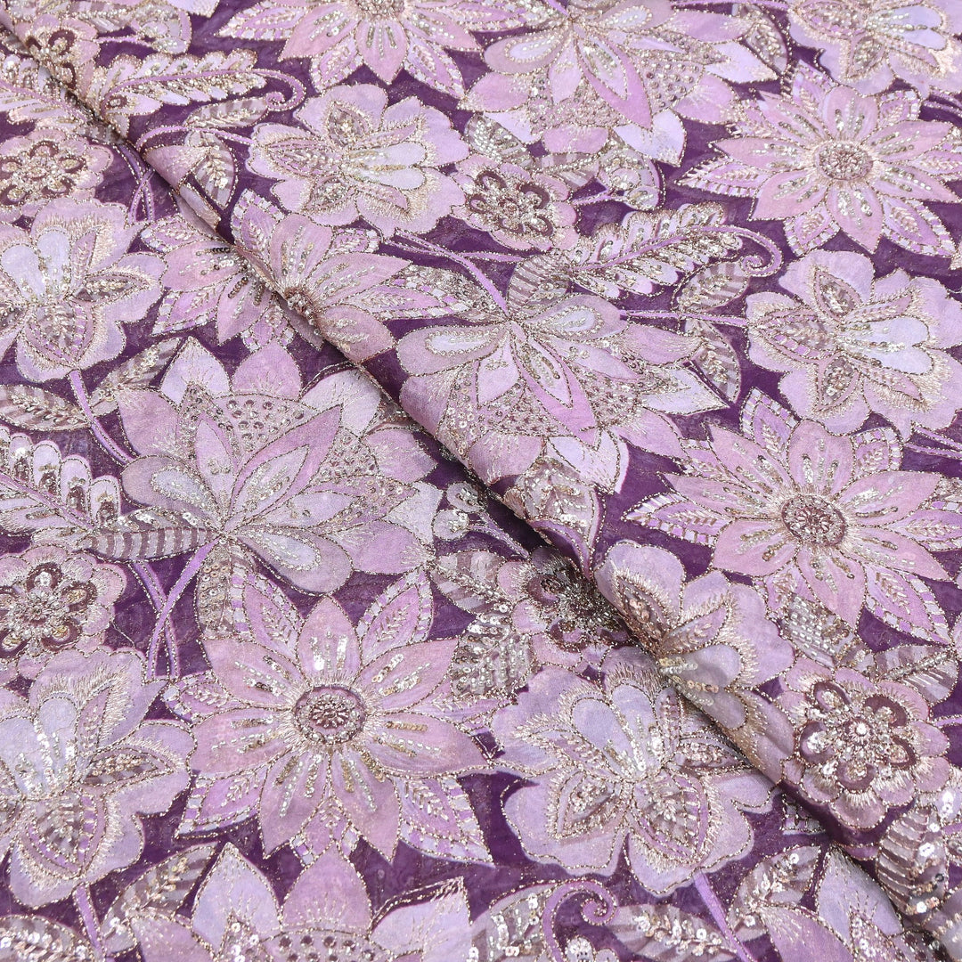 Dyed Viscose Organza Positional Print with Zari & Sequin Embroidery Fabric - V3338C-5