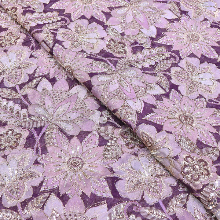 Dyed Viscose Organza Positional Print with Zari & Sequin Embroidery Fabric - V3338C-5