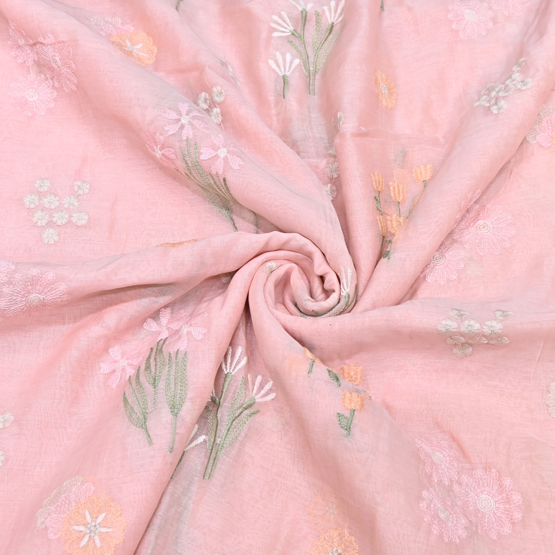 Coral Pink Color Mul Chanderi Thread Embroidered Fabric | Soft Designer Fabric- ZA8141-2