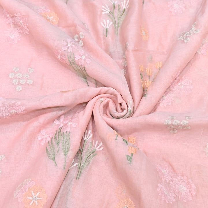 Coral Pink Color Mul Chanderi Thread Embroidered Fabric | Soft Designer Fabric- ZA8141-2