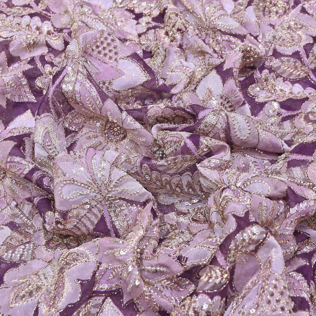 Dyed Viscose Organza Positional Print with Zari & Sequin Embroidery Fabric - V3338C-5