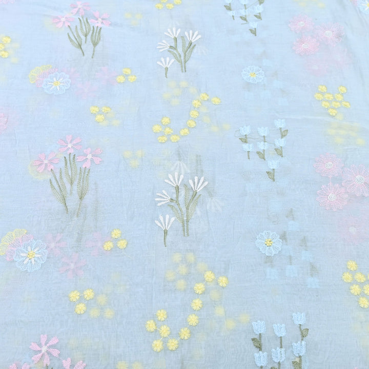 Pastel Blue Color Mul Chanderi Thread Embroidered Fabric | Soft Designer Fabric- ZA8141-3