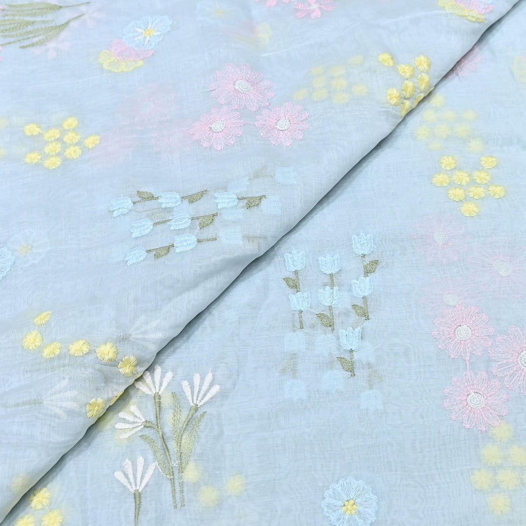 Pastel Blue Color Mul Chanderi Thread Embroidered Fabric | Soft Designer Fabric- ZA8141-3