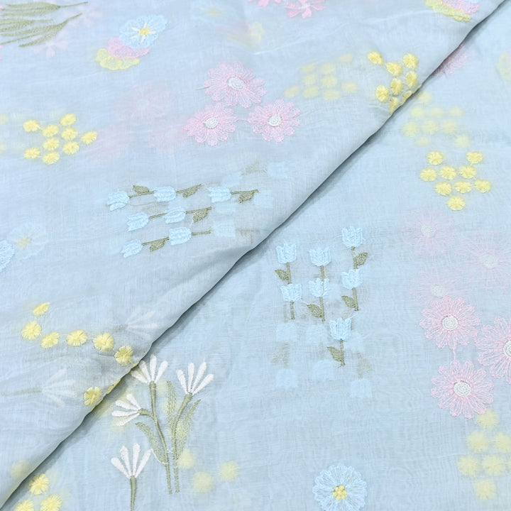 Pastel Blue Color Mul Chanderi Thread Embroidered Fabric | Soft Designer Fabric- ZA8141-3