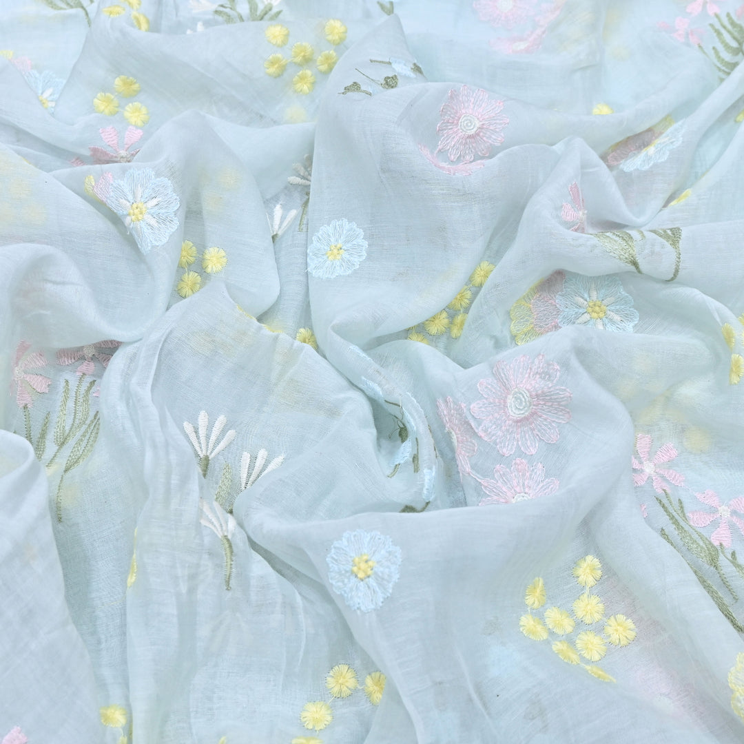 Pastel Blue Color Mul Chanderi Thread Embroidered Fabric | Soft Designer Fabric- ZA8141-3