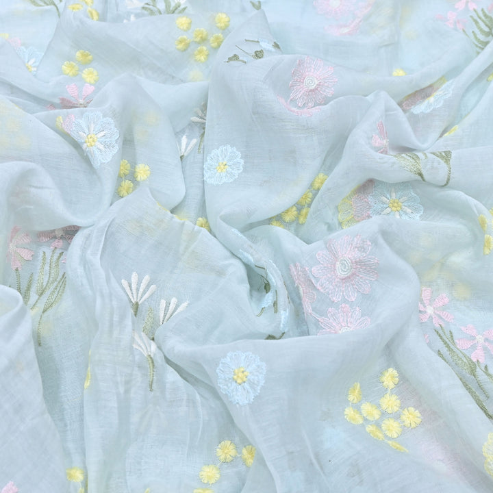 Pastel Blue Color Mul Chanderi Thread Embroidered Fabric | Soft Designer Fabric- ZA8141-3