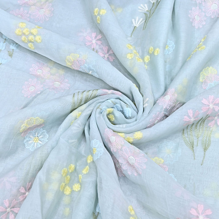 Pastel Blue Color Mul Chanderi Thread Embroidered Fabric | Soft Designer Fabric- ZA8141-3