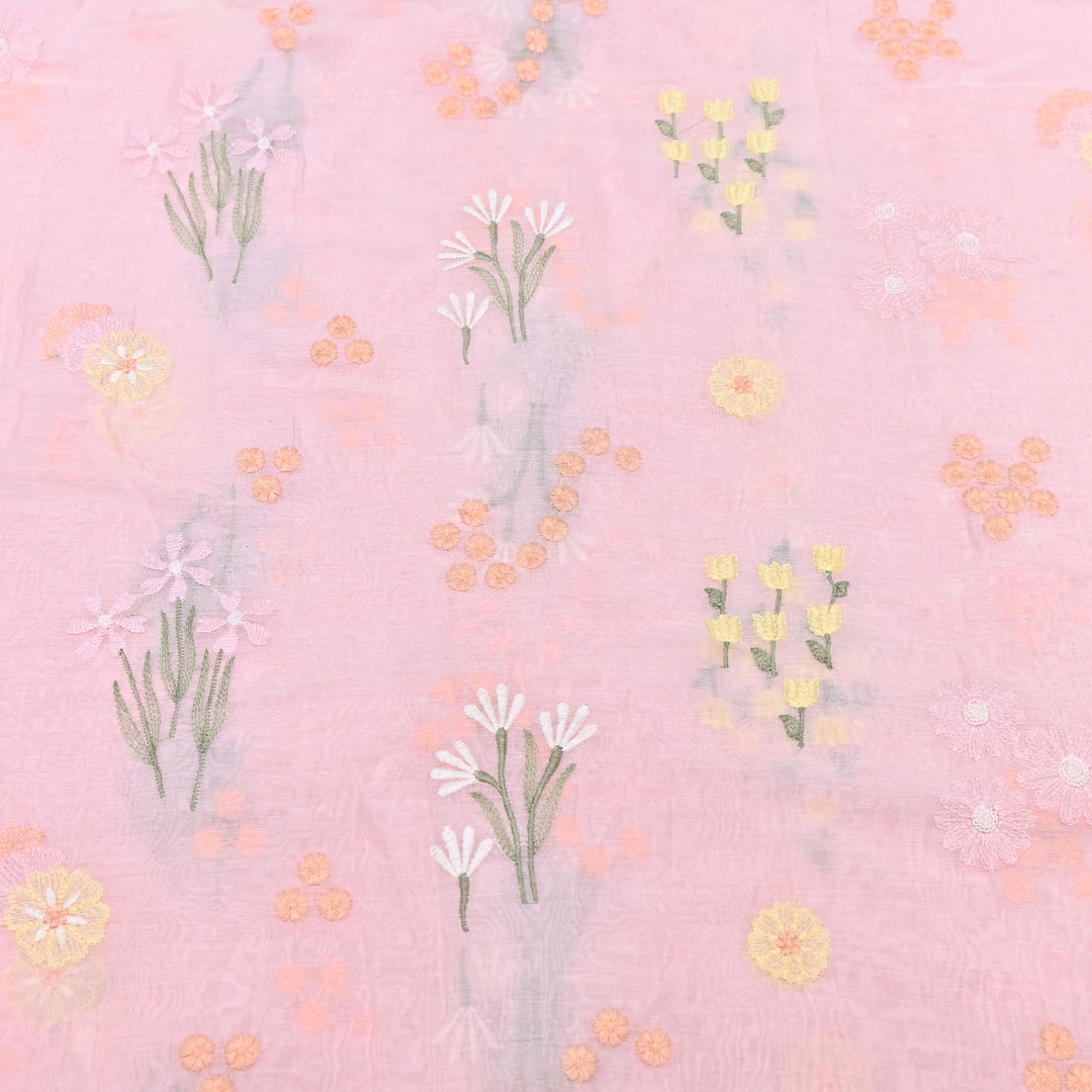 Soft Pink Color Mul Chanderi Thread Embroidered Fabric | Soft Designer Fabric- ZA8141-4