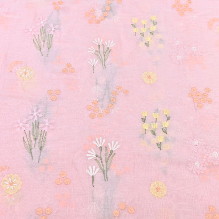 Soft Pink Color Mul Chanderi Thread Embroidered Fabric | Soft Designer Fabric- ZA8141-4