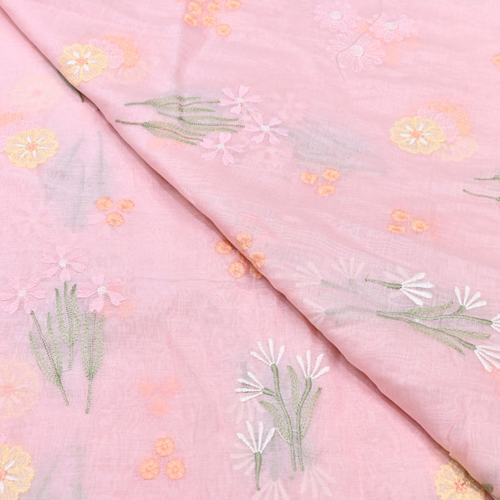 Soft Pink Color Mul Chanderi Thread Embroidered Fabric | Soft Designer Fabric- ZA8141-4