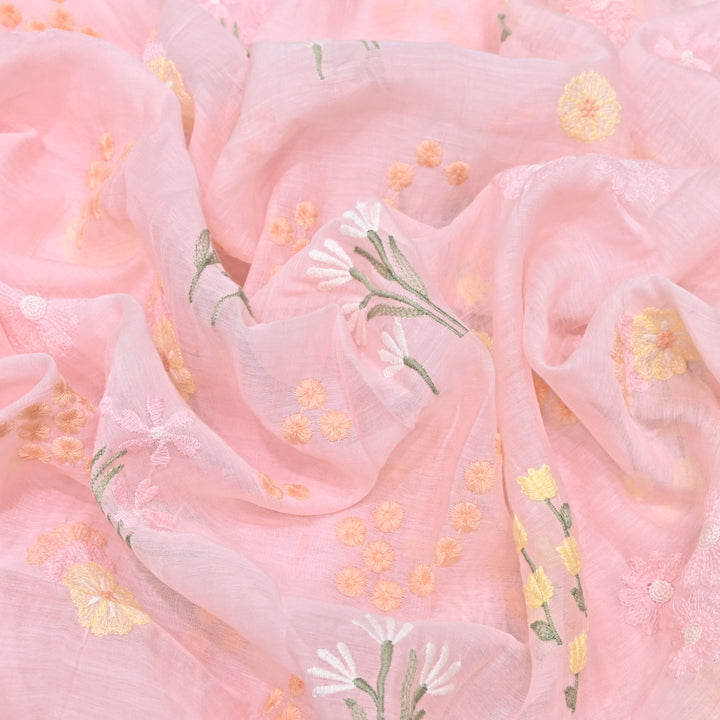 Soft Pink Color Mul Chanderi Thread Embroidered Fabric | Soft Designer Fabric- ZA8141-4