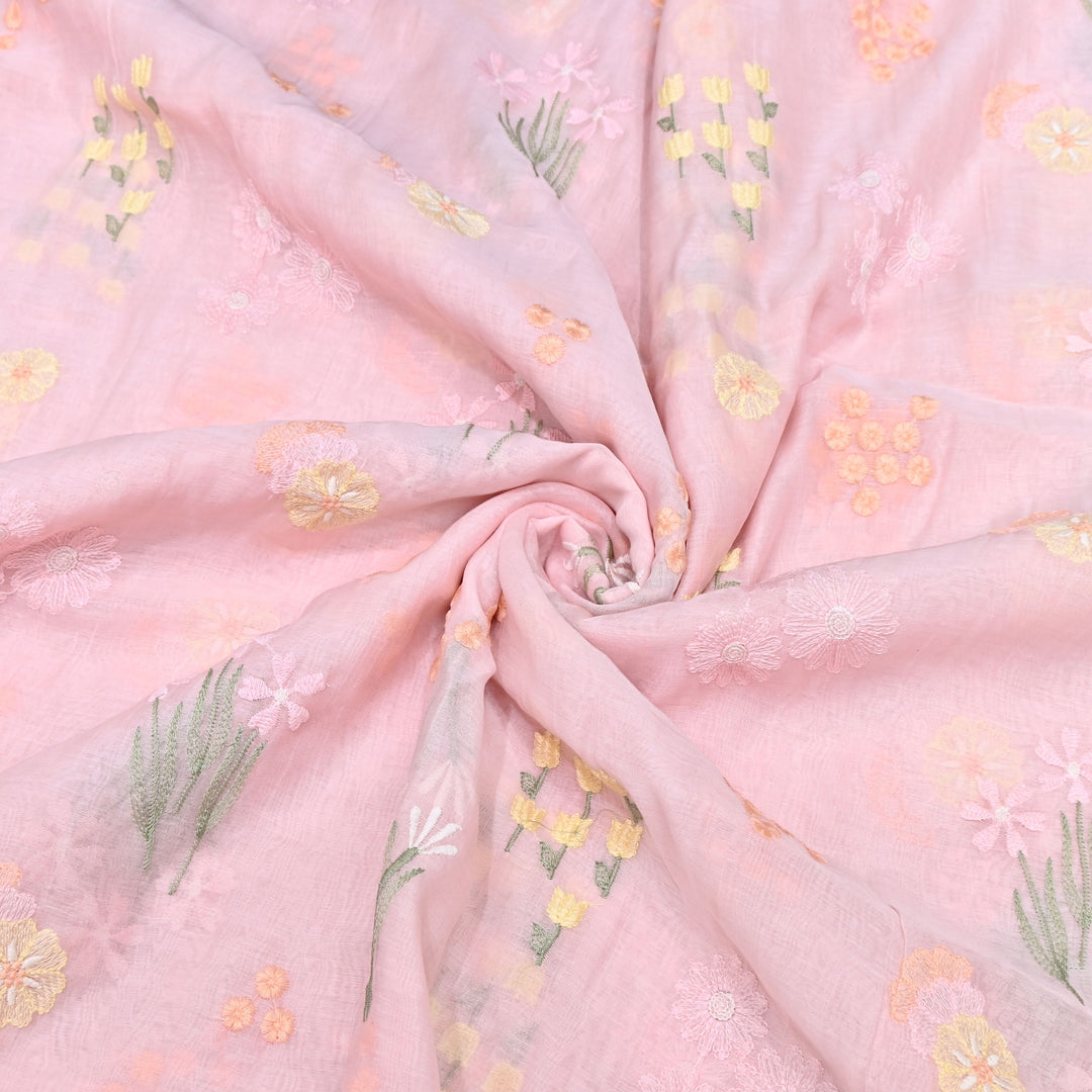 Soft Pink Color Mul Chanderi Thread Embroidered Fabric | Soft Designer Fabric- ZA8141-4