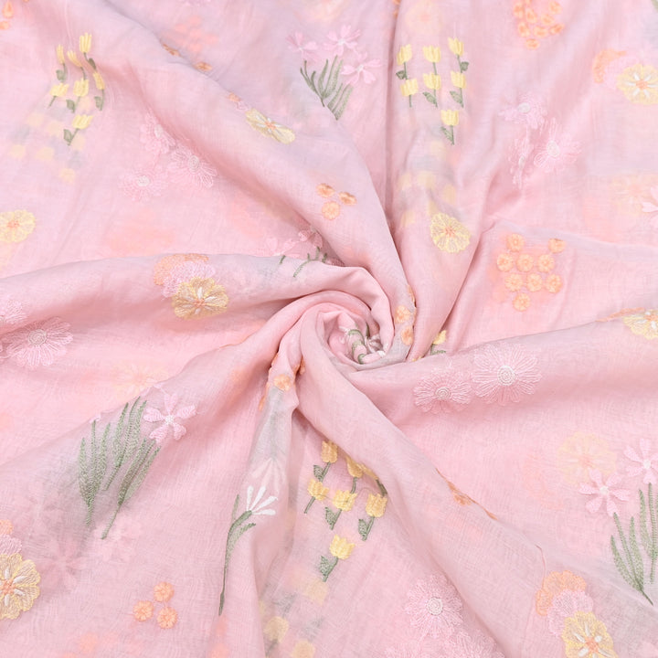 Soft Pink Color Mul Chanderi Thread Embroidered Fabric | Soft Designer Fabric- ZA8141-4
