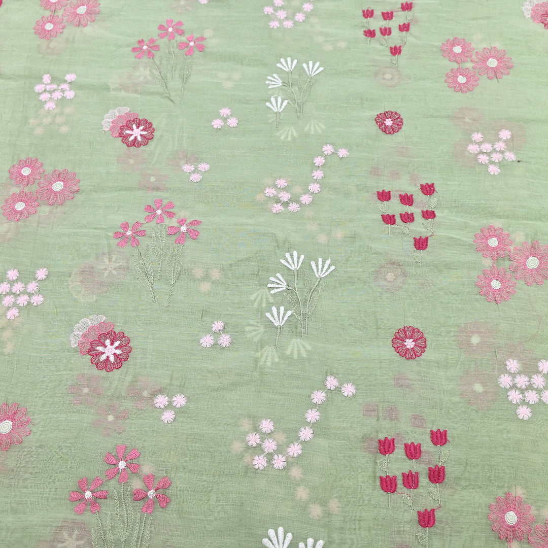 Light Green Color Mul Chanderi Thread Embroidered Fabric | Soft Designer Fabric- ZA8141-5