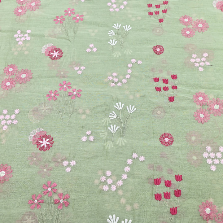 Light Green Color Mul Chanderi Thread Embroidered Fabric | Soft Designer Fabric- ZA8141-5