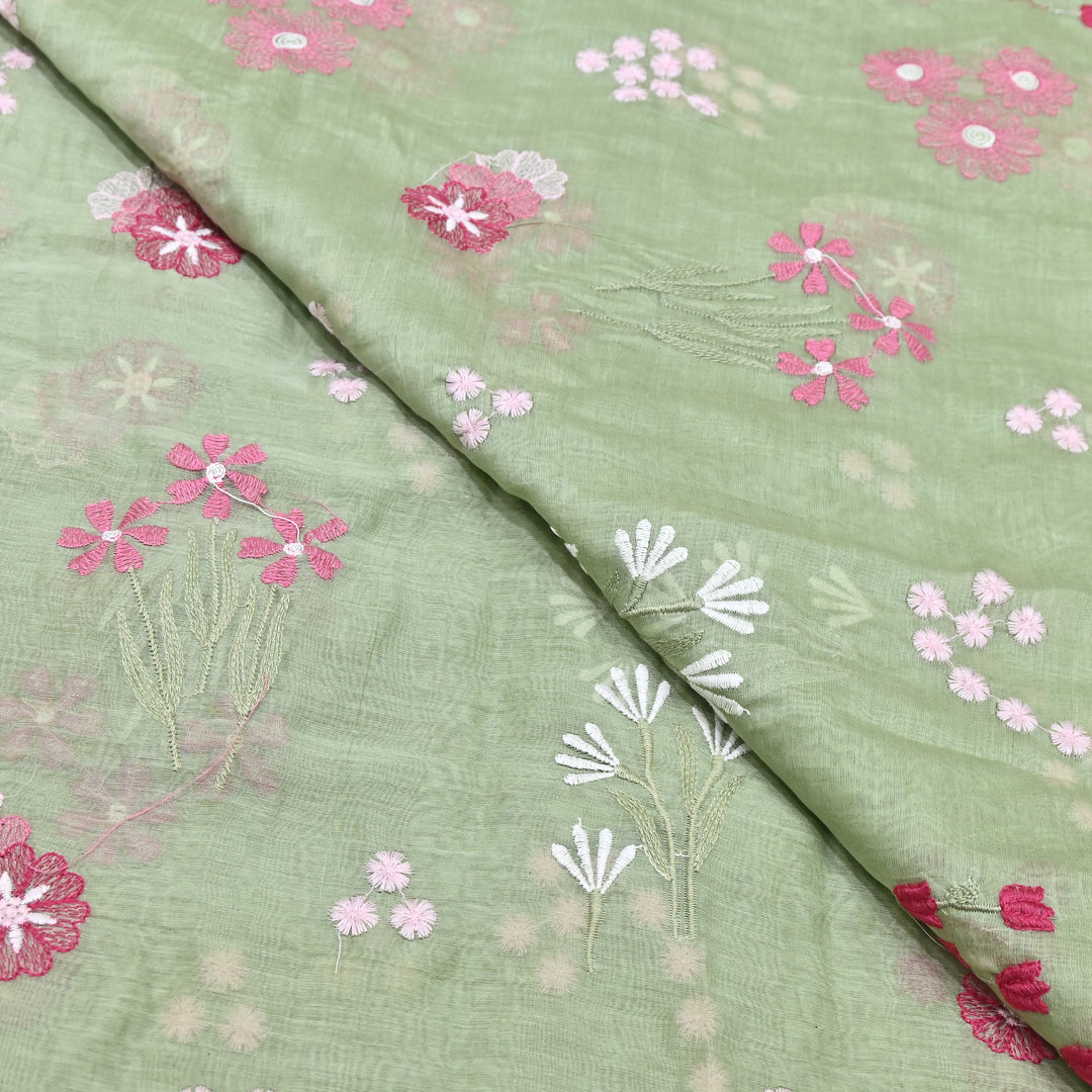 Light Green Color Mul Chanderi Thread Embroidered Fabric | Soft Designer Fabric- ZA8141-5