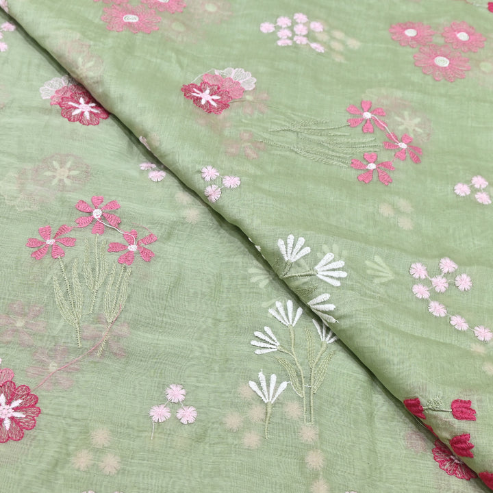 Light Green Color Mul Chanderi Thread Embroidered Fabric | Soft Designer Fabric- ZA8141-5