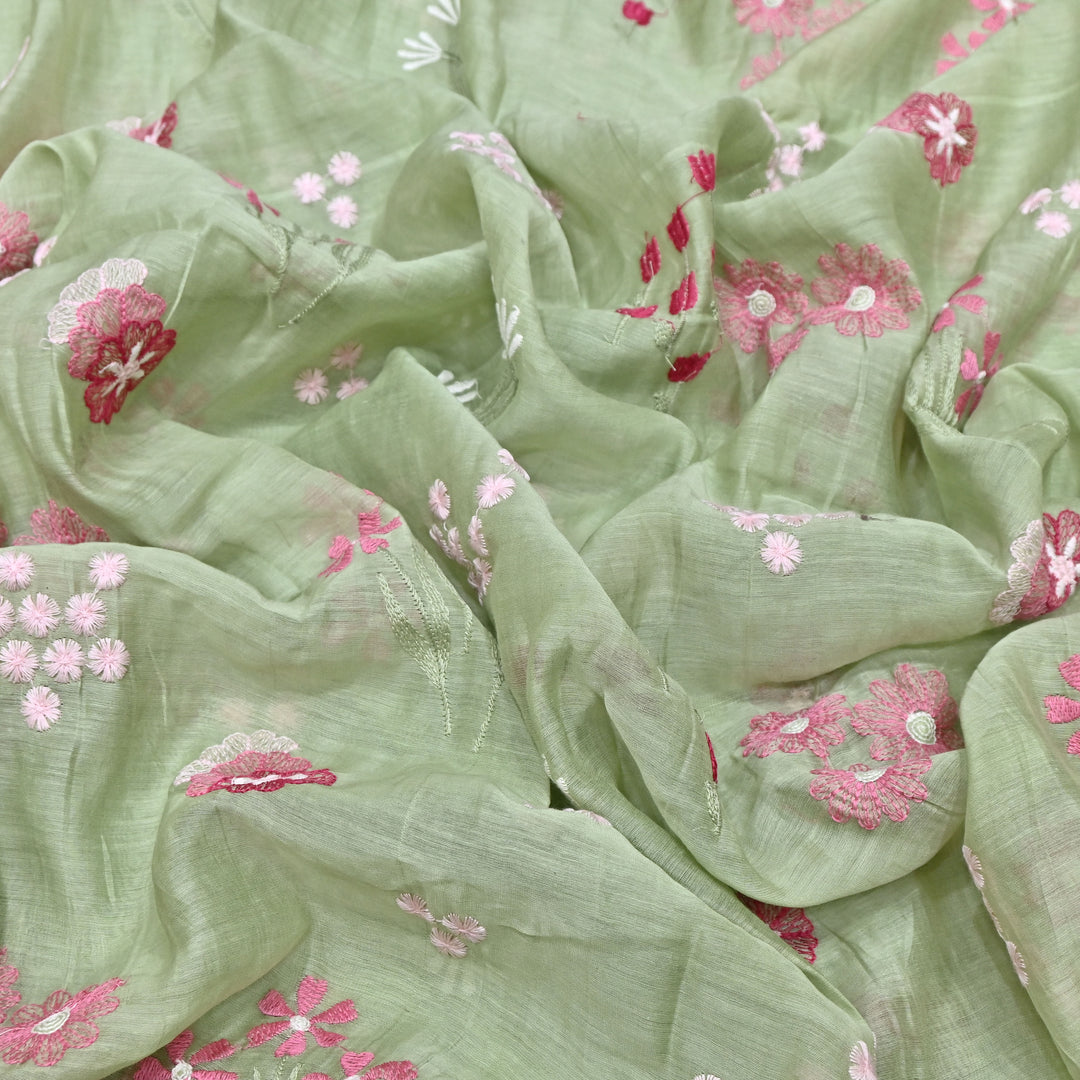 Light Green Color Mul Chanderi Thread Embroidered Fabric | Soft Designer Fabric- ZA8141-5