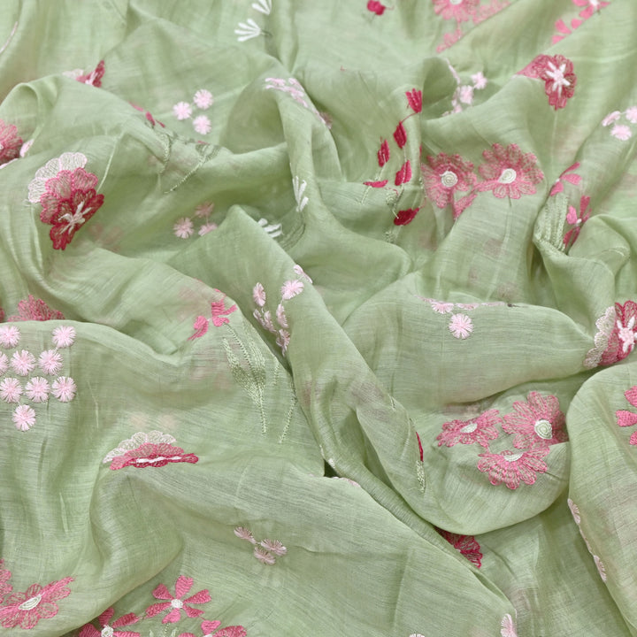 Light Green Color Mul Chanderi Thread Embroidered Fabric | Soft Designer Fabric- ZA8141-5