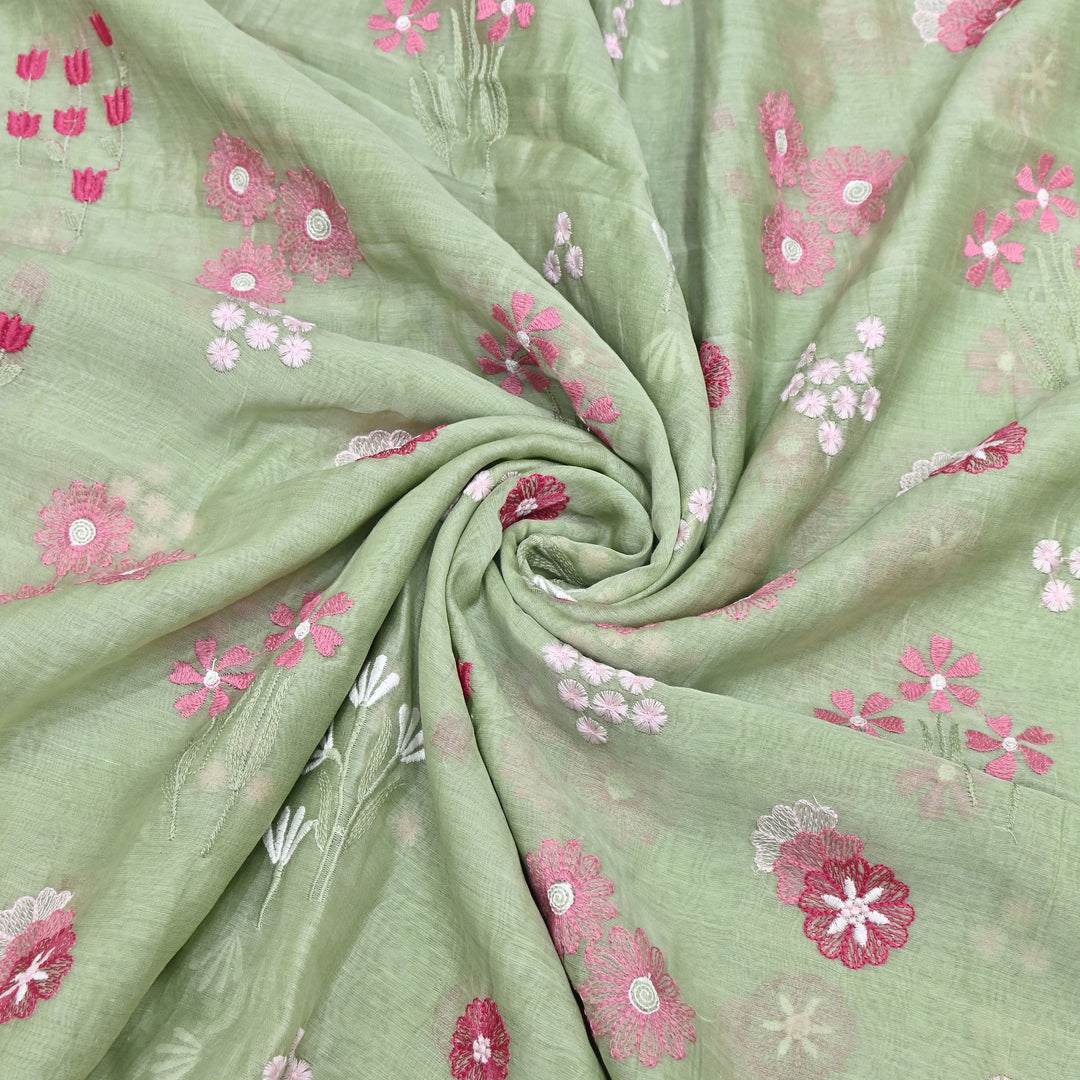 Light Green Color Mul Chanderi Thread Embroidered Fabric | Soft Designer Fabric- ZA8141-5