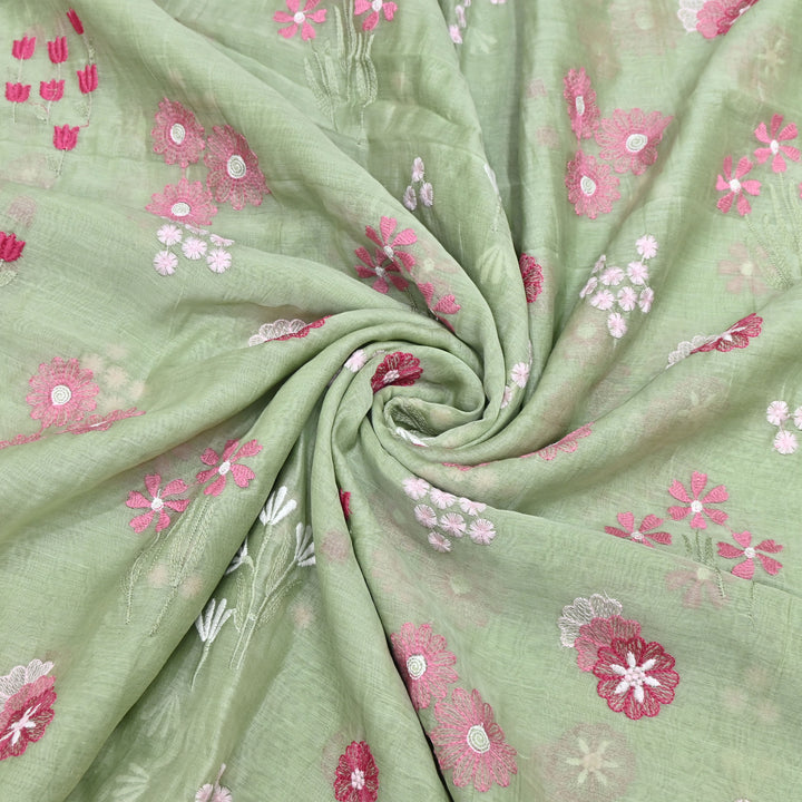 Light Green Color Mul Chanderi Thread Embroidered Fabric | Soft Designer Fabric- ZA8141-5