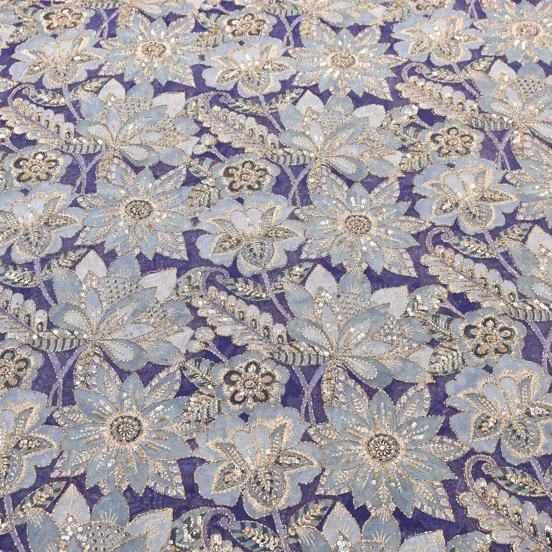 Dyed Viscose Organza Positional Print with Zari & Sequin Embroidery Fabric - V3338C-1