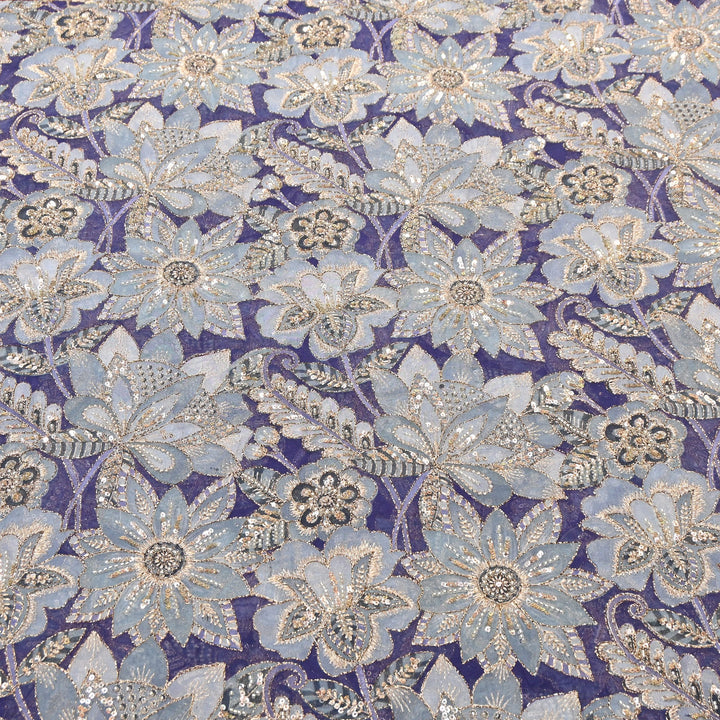 Dyed Viscose Organza Positional Print with Zari & Sequin Embroidery Fabric - V3338C-1